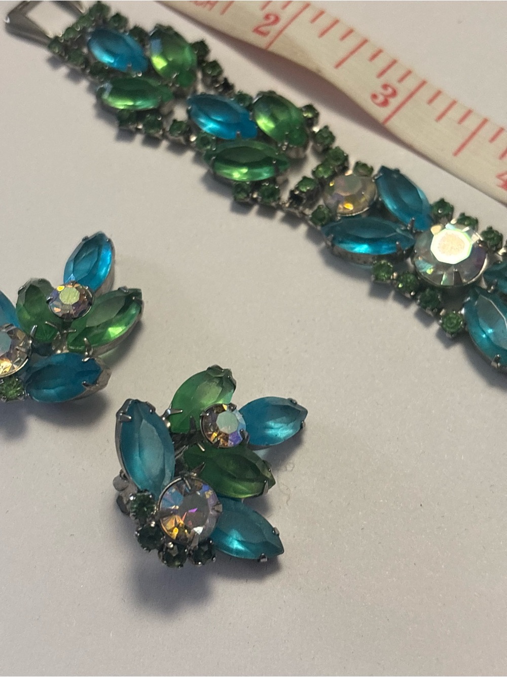 Teal and Green Crystal Floral Bracelet & Clip-On Earrings Set